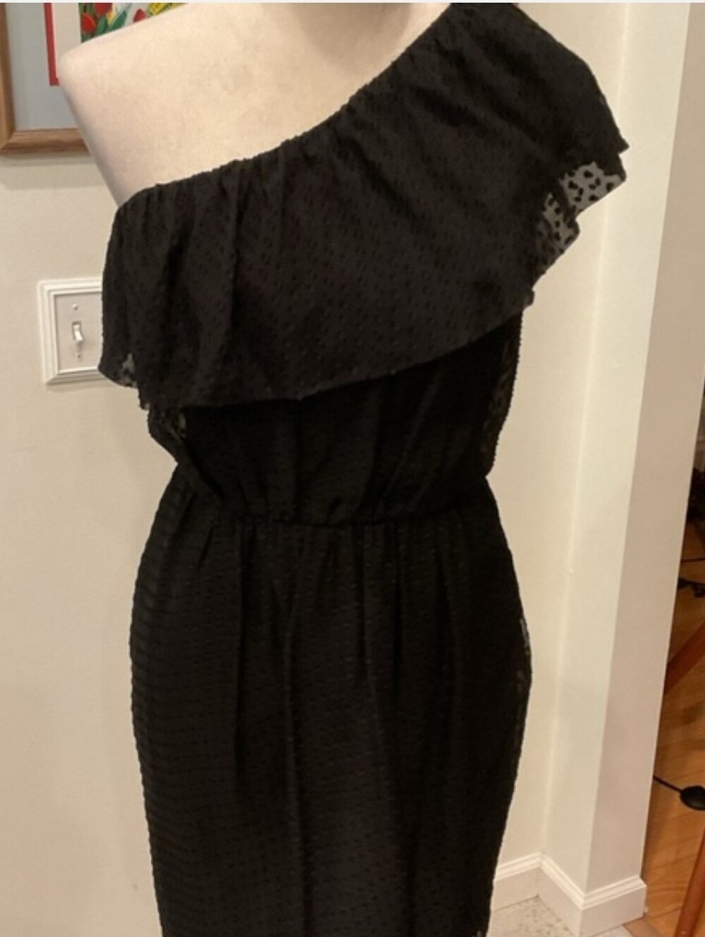 Shoshanna Swiss Dot Black One-Shoulder Ruffle Cocktail Dress Sz 6 NWOT
